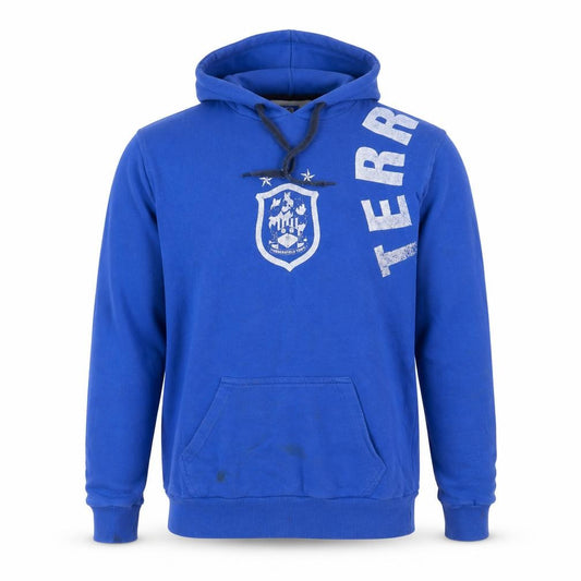 Front view of HTAFC Men's Blue Pullover Hoodie Medium Football Logo Sweatshirt