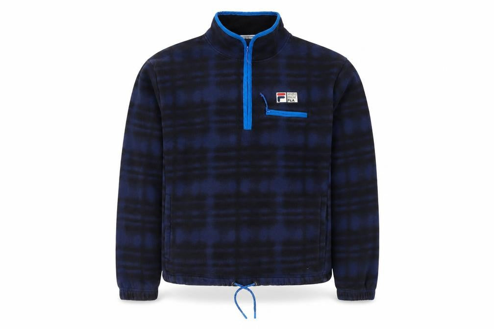 Front view of Fila men’s blue l pullover fleece sweatshirt 1/4 zip sportswear