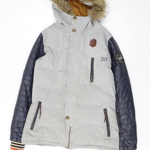 Picture Women's Grey Faux Leather Sleeve Hooded Puffer Jacket M