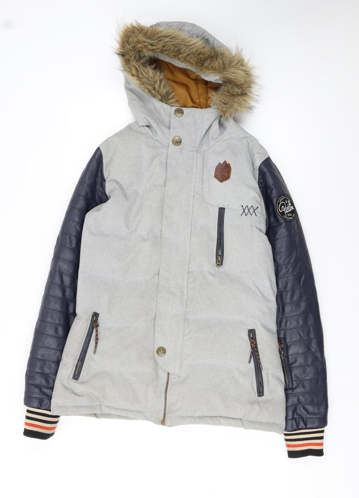 Picture Women's Grey Faux Leather Sleeve Hooded Puffer Jacket M