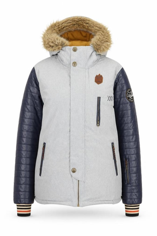 Front view of Picture Women's Grey Faux Leather Sleeve Hooded Puffer Jacket M