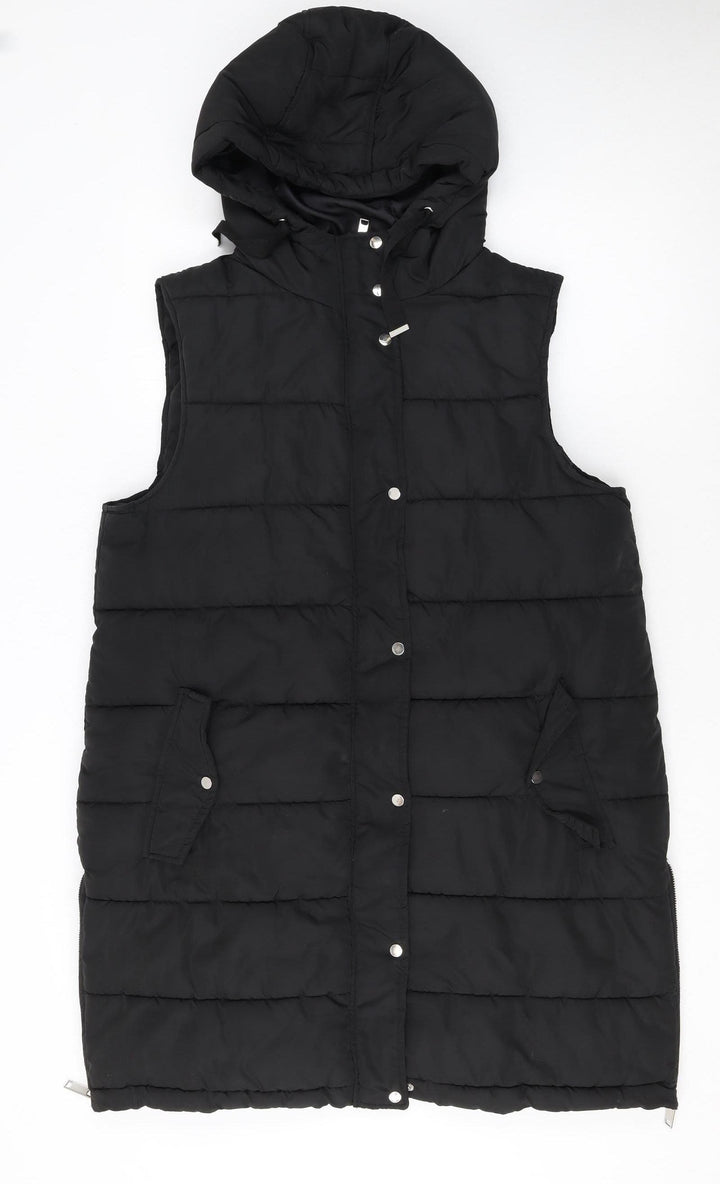 M&Co Women's Black Puffer Hooded Long Waistcoat Size 14