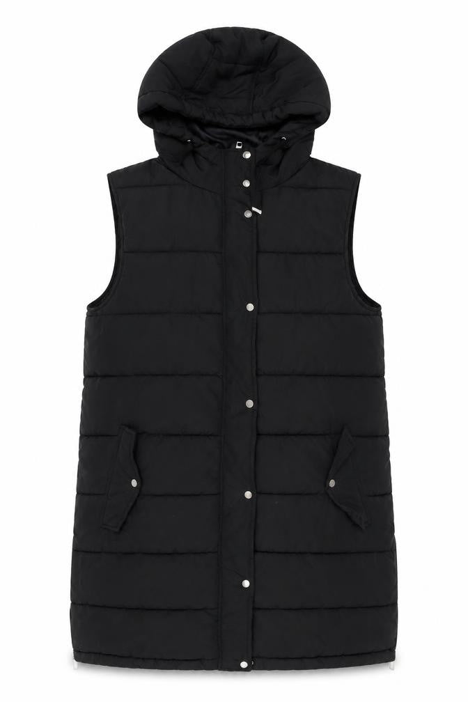 M&Co Women's Black Puffer Hooded Long Waistcoat Size 14