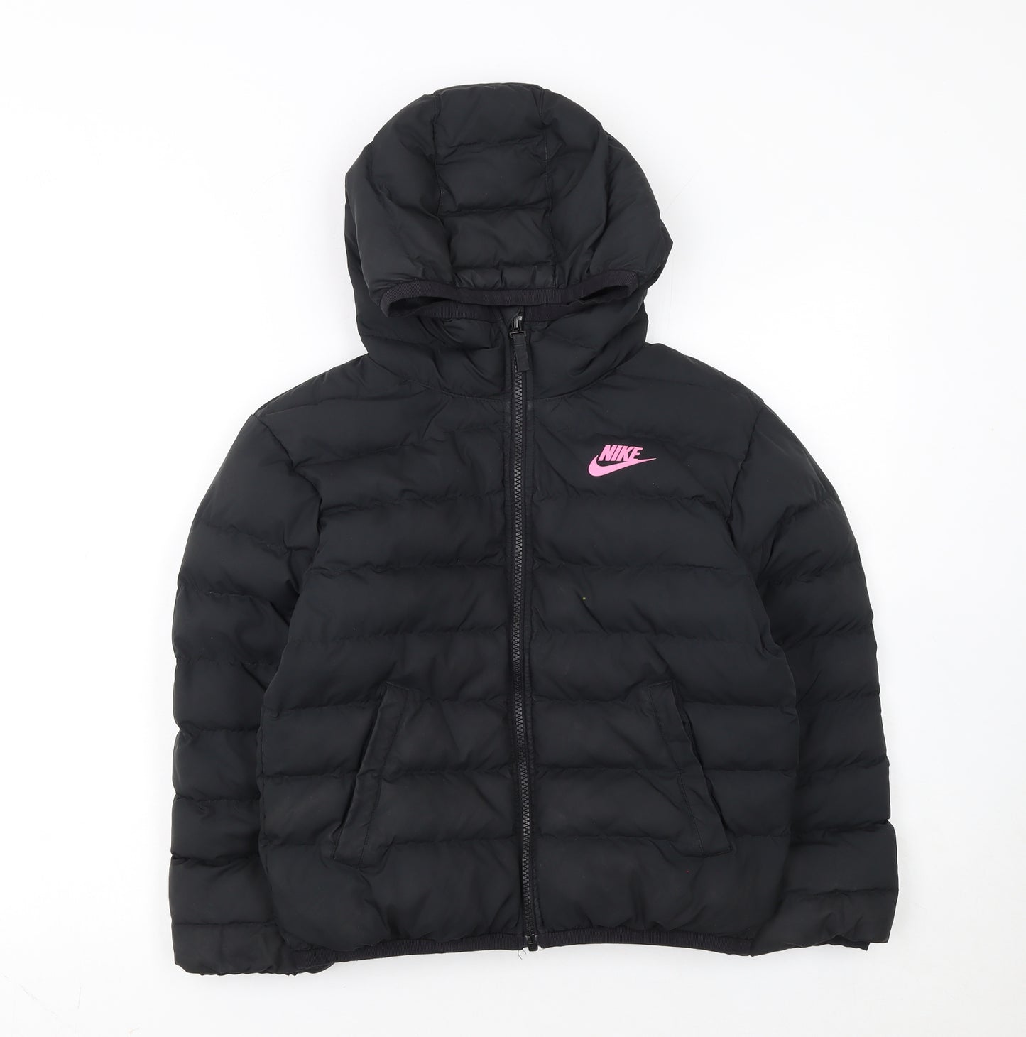 Nike Girls Black Hooded Puffer Jacket 8-9 Years Winter Coat
