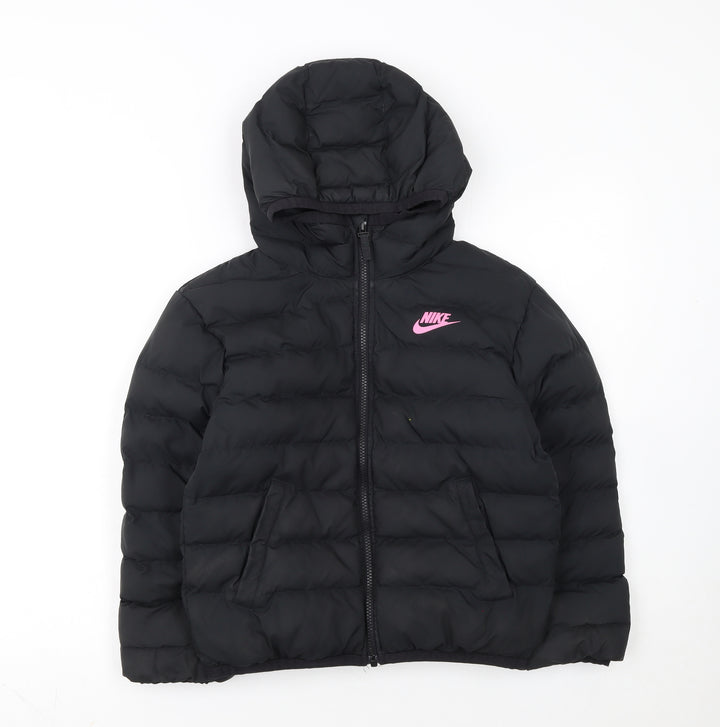 Nike Girls Black Hooded Puffer Jacket 8-9 Years Winter Coat