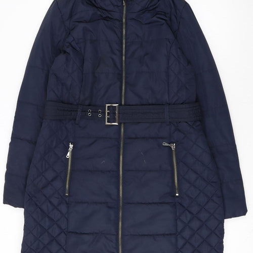 Marks and Spencer Women's Blue Quilted Belted Mid-Length Puffer Coat Size M