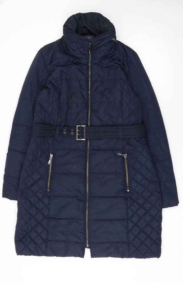 Marks and Spencer Women's Blue Quilted Belted Mid-Length Puffer Coat Size M