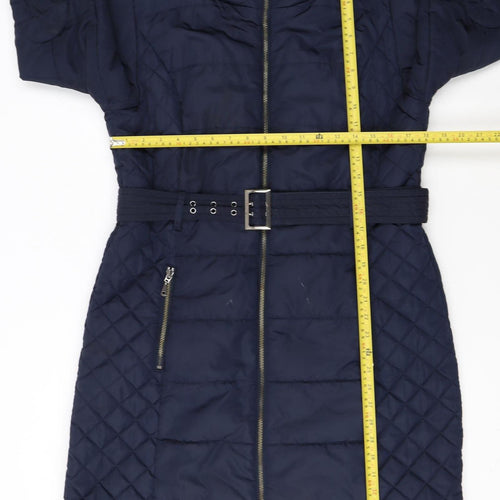Marks and Spencer Women's Blue Quilted Belted Mid-Length Puffer Coat Size M