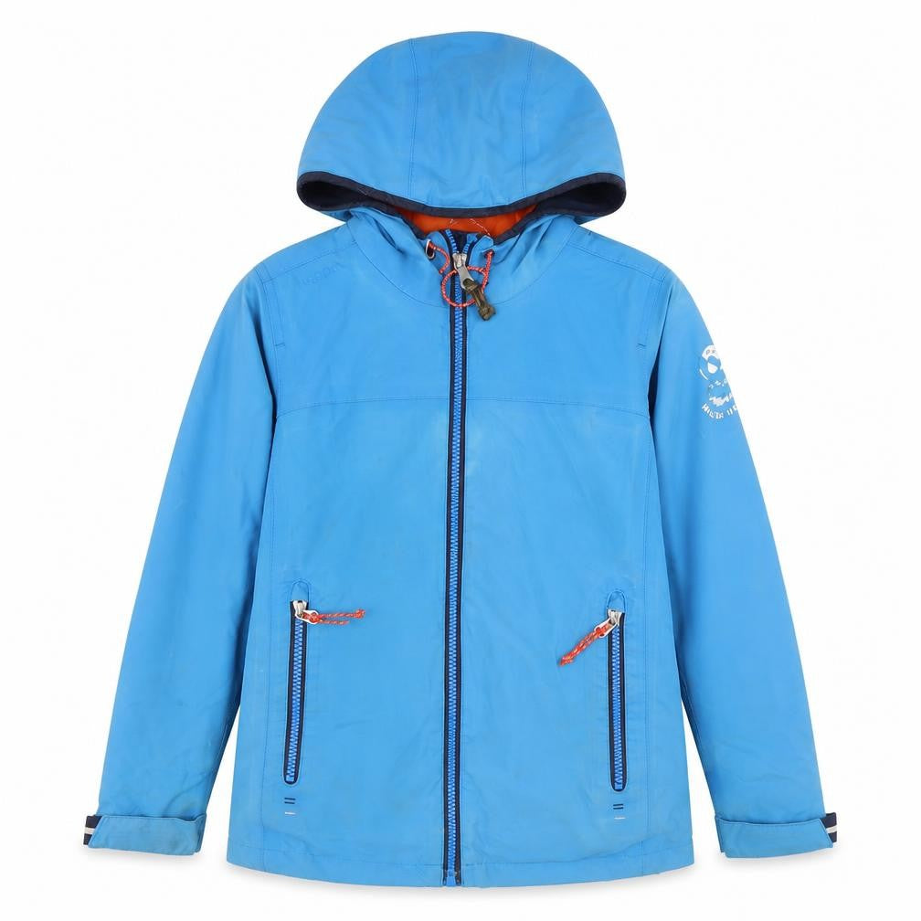 Front view of Tribord boys’ blue waterproof hooded sailing jacket 8 years