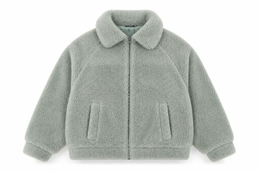 Front view of Boohoo Women’s Green Fleece Bomber Jacket, size UK 10