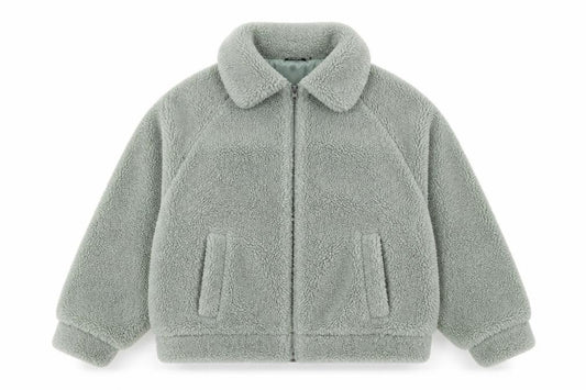 Front view of Boohoo Women’s Green Fleece Bomber Jacket, size UK 10