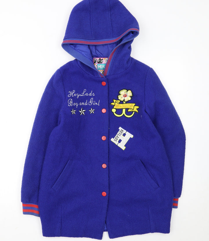 Heylads Girls Blue Wool Blend Hooded Parka Coat Size 146 Embroidered