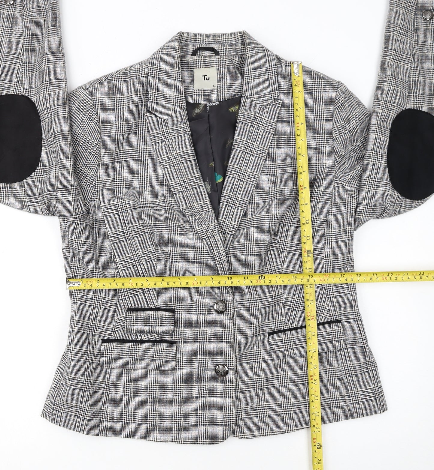 Tu Women Grey Check Single-Breasted Suit Jacket Size 14