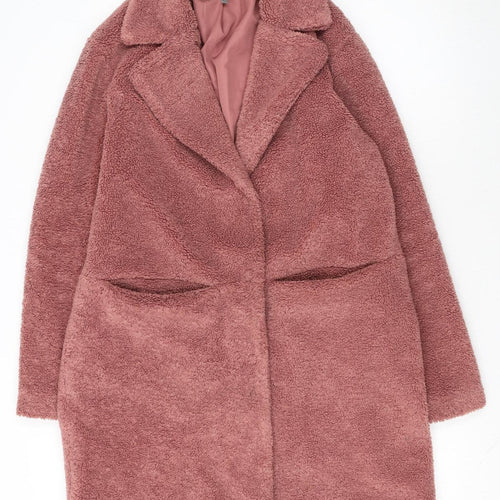 Next Women’s Pink Teddy Overcoat Size 12 Lined Mid-Length Polyester