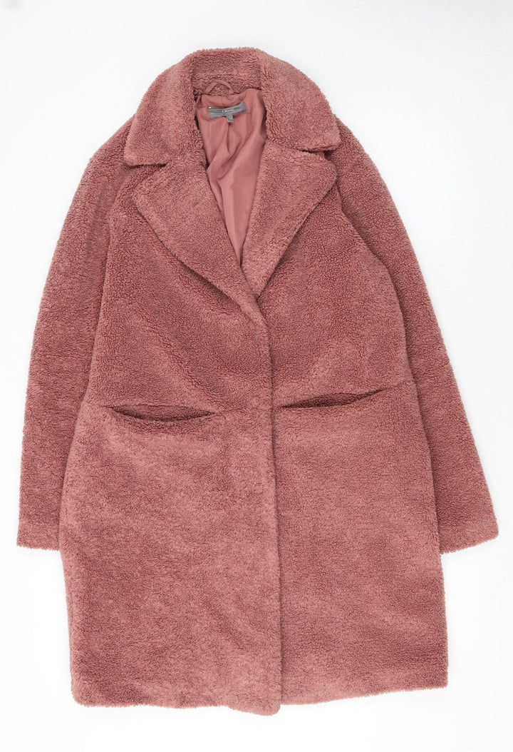 Next Women’s Pink Teddy Overcoat Size 12 Lined Mid-Length Polyester