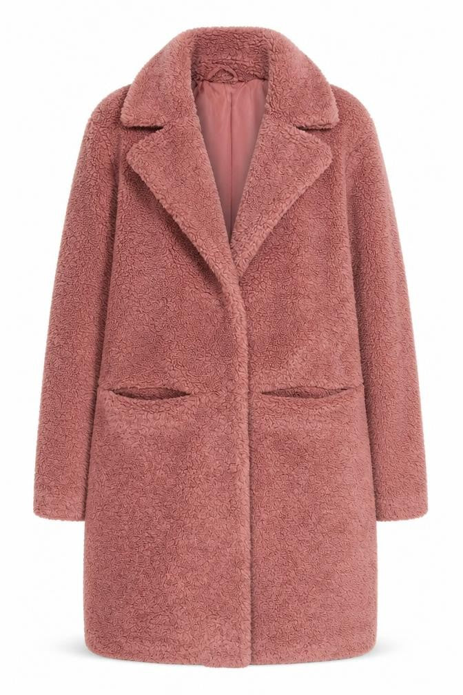 Front view of Next Women’s Pink Teddy Overcoat, size UK 12, Lined Mid-Length Polyester