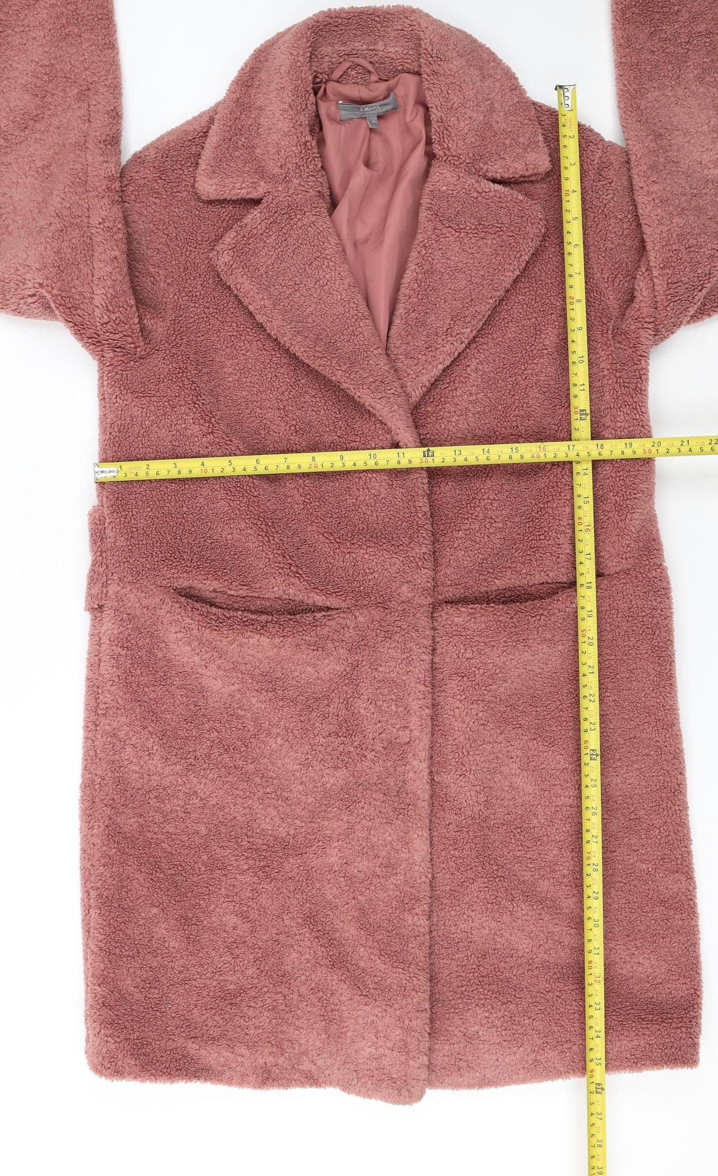 Next Women’s Pink Teddy Overcoat Size 12 Lined Mid-Length Polyester