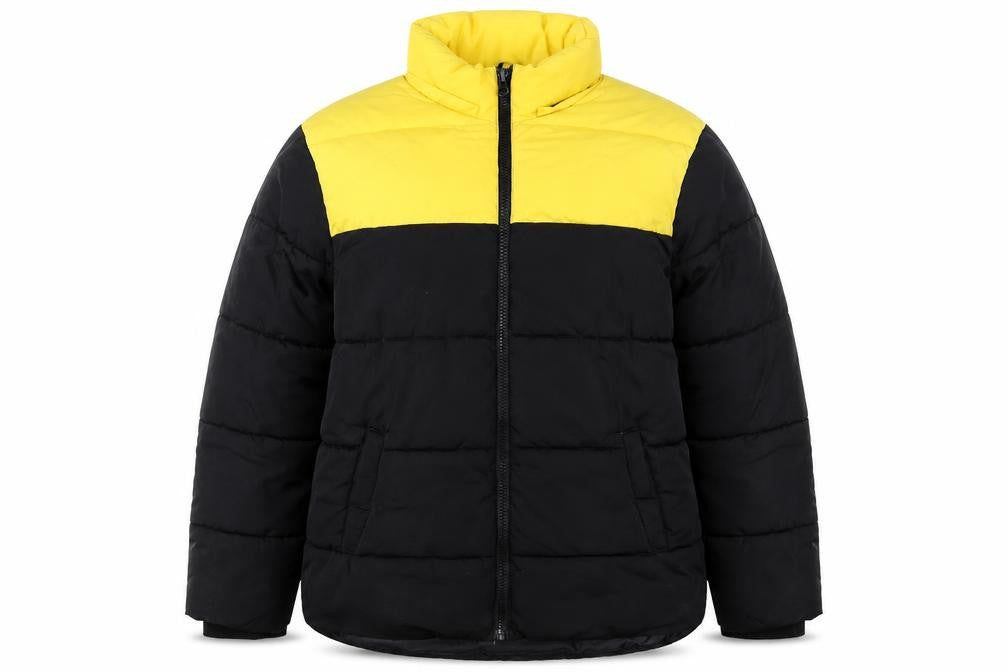Front view of Primark men’s black yellow puffer jacket xl winter polyester