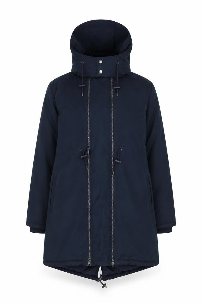 Front view of JoJo Maman Bébé Women's Blue Hooded Long Parka Coat, size 12