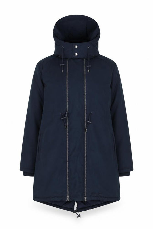 Front view of JoJo Maman Bébé Women's Blue Hooded Long Parka Coat, size 12