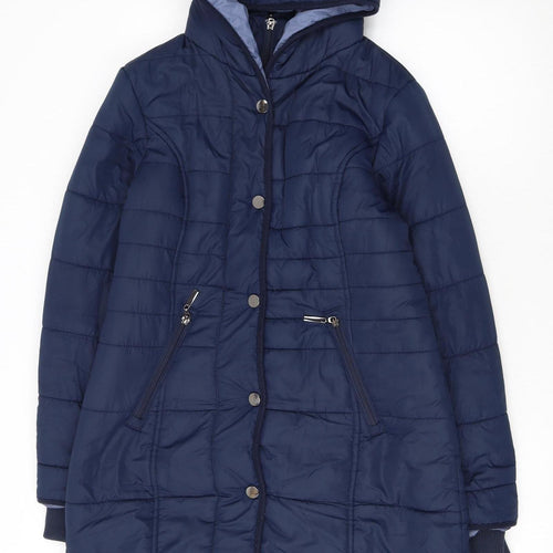 Cotton Traders Women's Blue Size 10 Long Hooded Quilted Puffer Coat