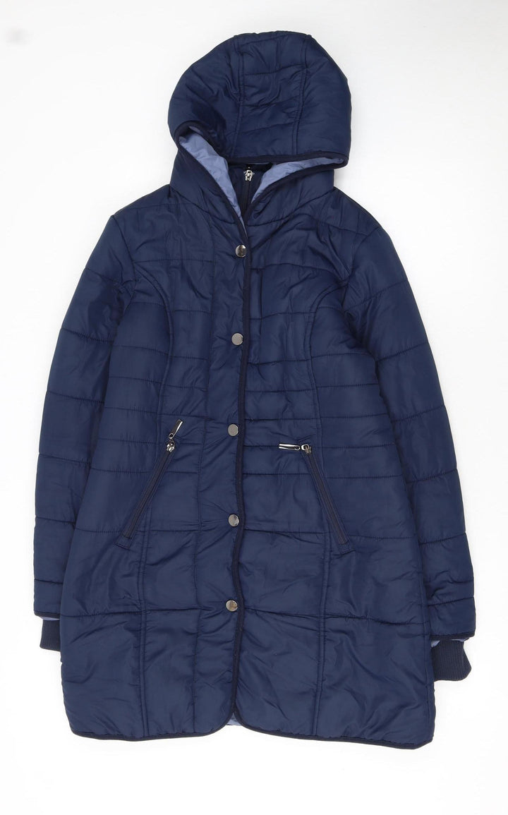 Cotton Traders Women's Blue Size 10 Long Hooded Quilted Puffer Coat