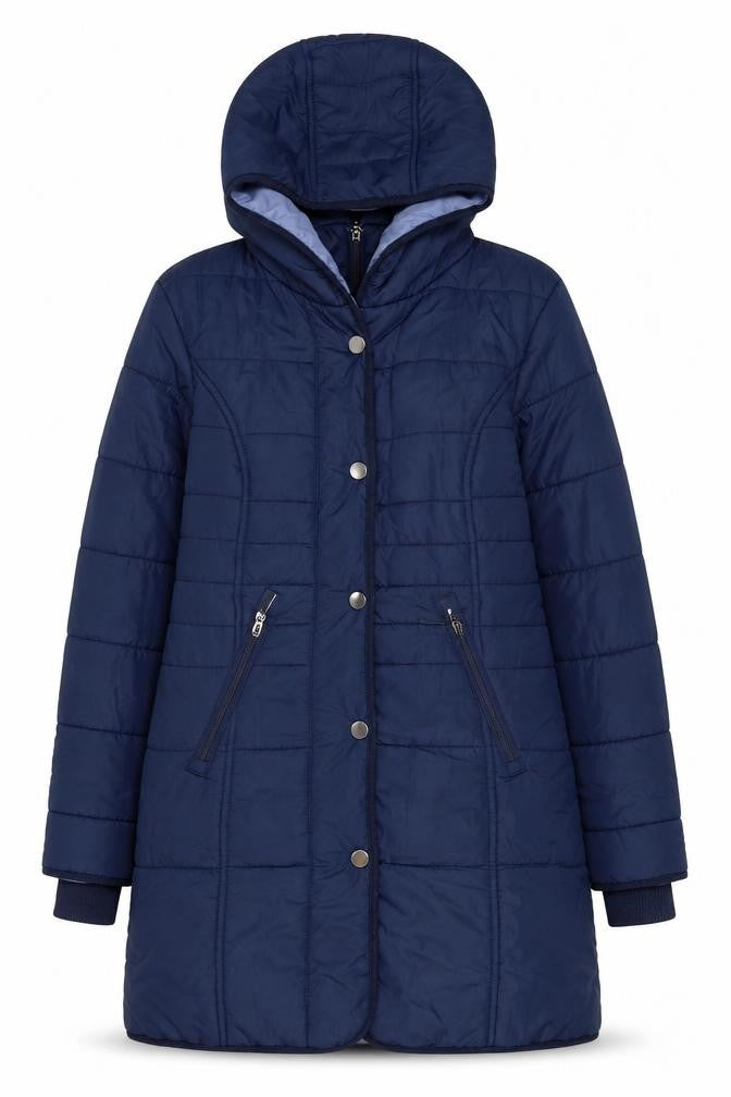 Front view of Cotton Traders Women's Blue, size 10, Long Hooded Quilted Puffer Coat