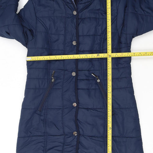 Cotton Traders Women's Blue Size 10 Long Hooded Quilted Puffer Coat