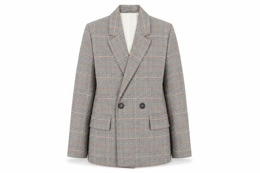 Front view of H&M Women's Brown Check Double-Breasted Blazer UK 4P