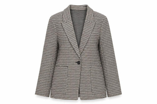 Front view of H&M Women’s Brown Houndstooth Petite Blazer Jacket UK 6P Classic Workwear
