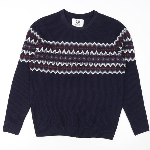 Nordam Men's Blue Fair Isle Knit Crew Neck Jumper Size M
