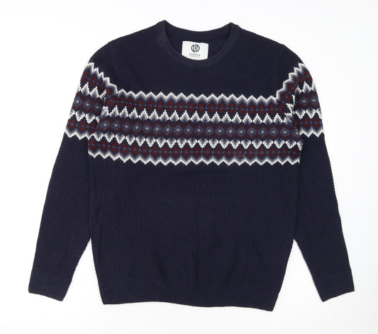Nordam Men's Blue Fair Isle Knit Crew Neck Jumper Size M