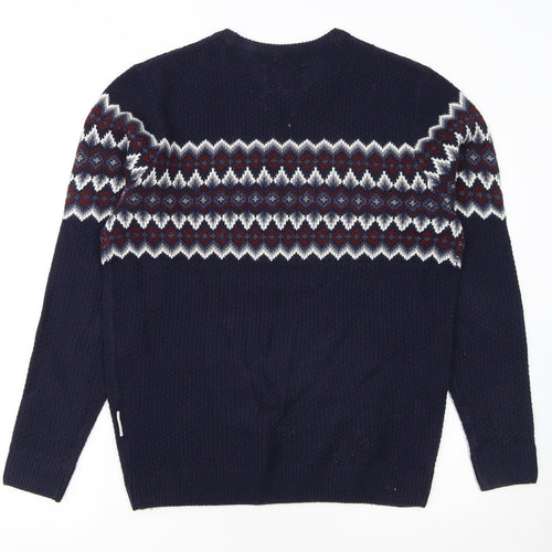 Nordam Men's Blue Fair Isle Knit Crew Neck Jumper Size M