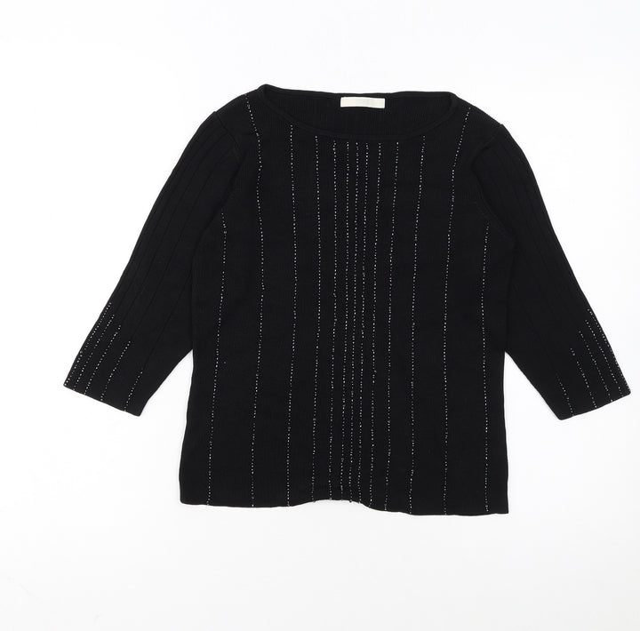 Marks and Spencer Womens Black Size 12 Beaded Scoop Neck 3/4 Sleeve Jumper
