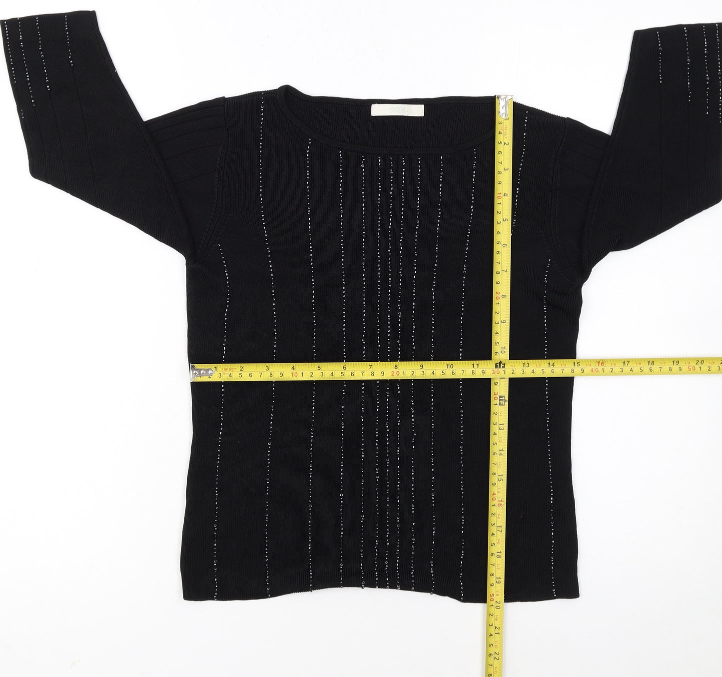 Marks and Spencer Womens Black Size 12 Beaded Scoop Neck 3/4 Sleeve Jumper
