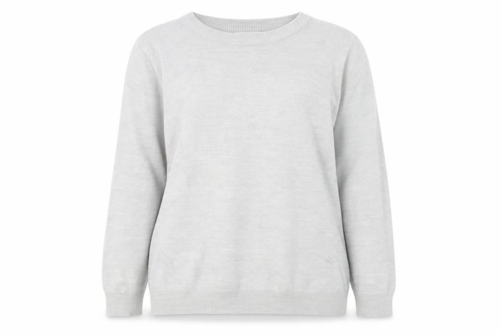 Front view of Marks & Spencer women’s grey beaded crew neck jumper, size UK 16