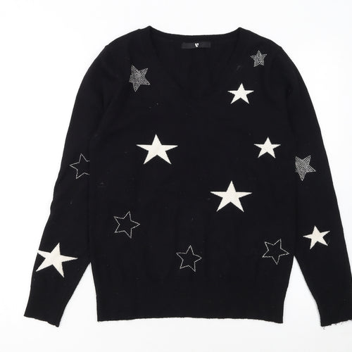 Very Women Black Star Embellished V-Neck Long Sleeve Jumper Size 8