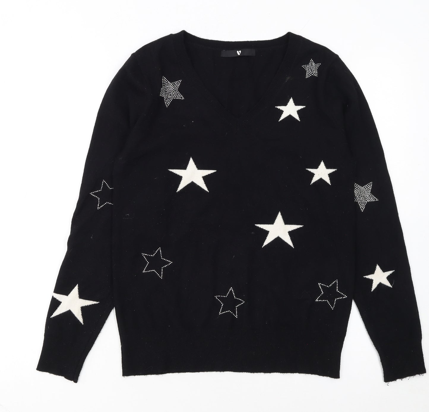 Very Women Black Star Embellished V-Neck Long Sleeve Jumper Size 8
