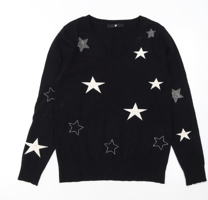 Very Women Black Star Embellished V-Neck Long Sleeve Jumper Size 8