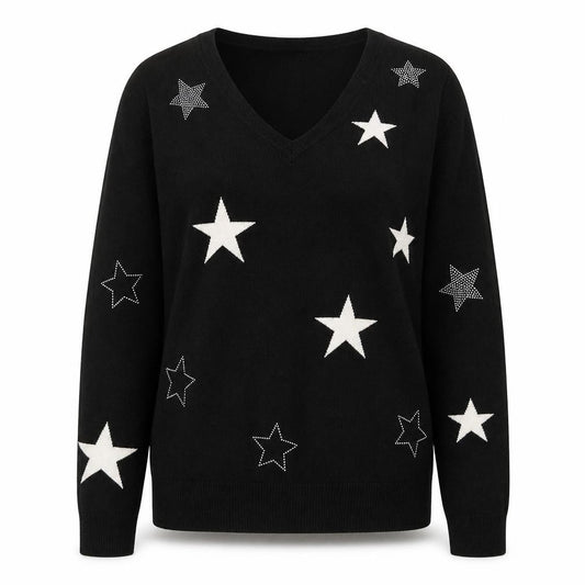Front view of Very Women Black Star Embellished V-Neck Long Sleeve Jumper, size 8