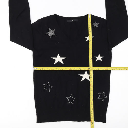 Very Women Black Star Embellished V-Neck Long Sleeve Jumper Size 8