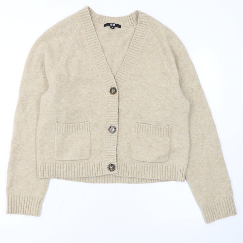 Uniqlo Women Beige V-Neck Knit Cardigan XS Wool Blend