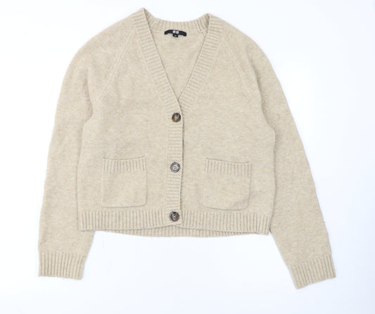 Uniqlo Women Beige V-Neck Knit Cardigan XS Wool Blend