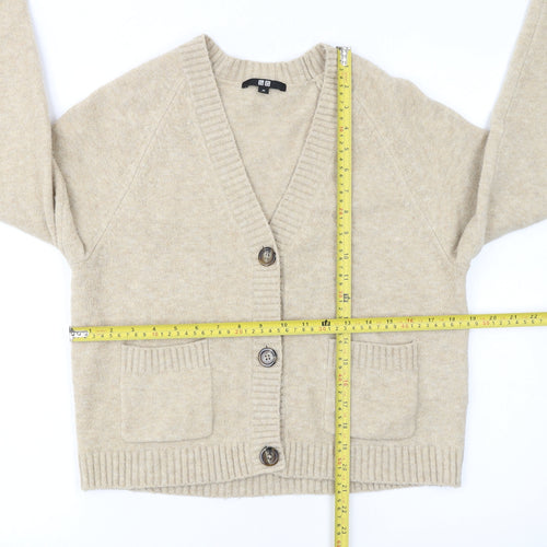 Uniqlo Women Beige V-Neck Knit Cardigan XS Wool Blend