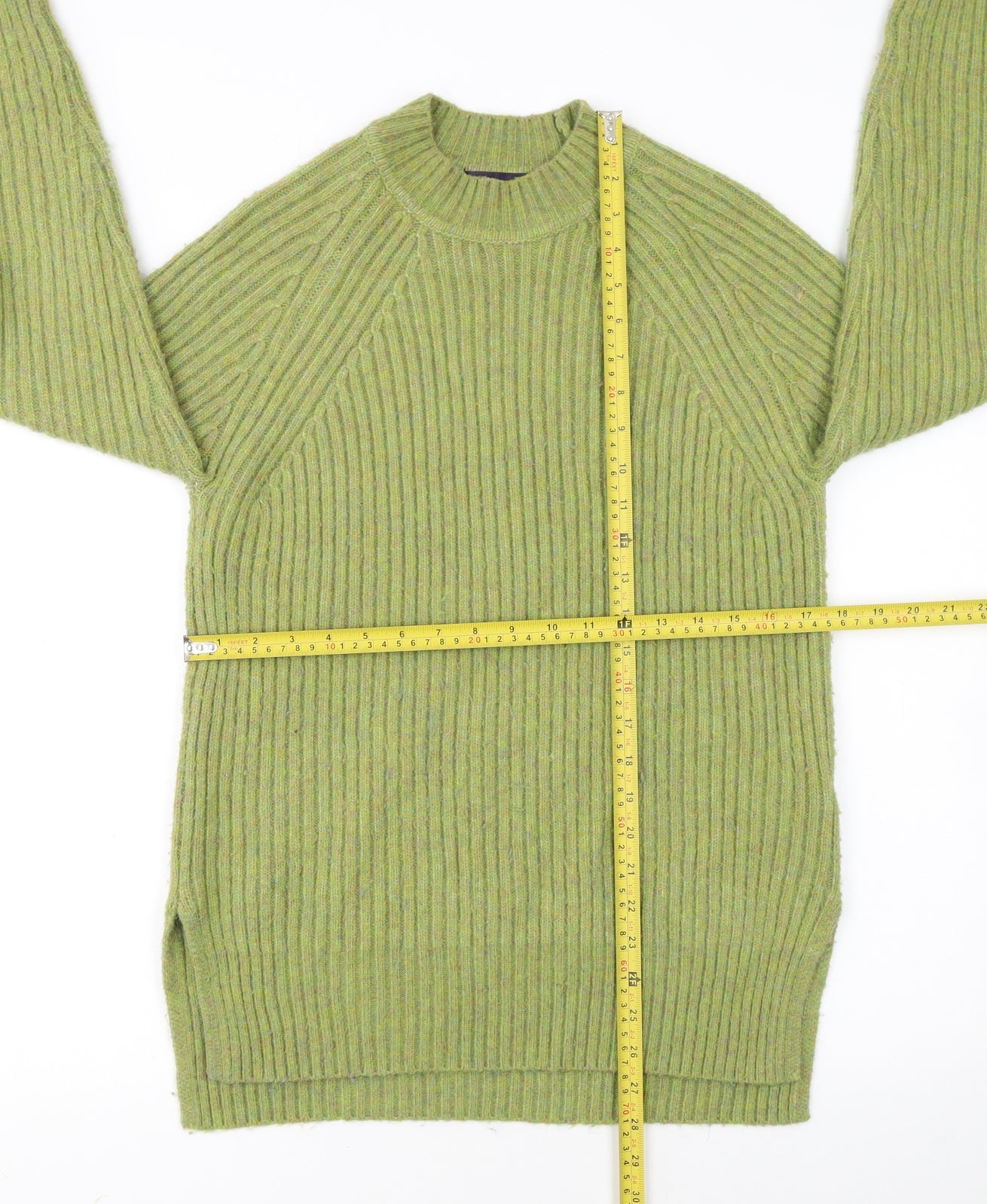 Marks and Spencer Women's Green Ribbed Crew Neck Wool Blend Jumper Size S