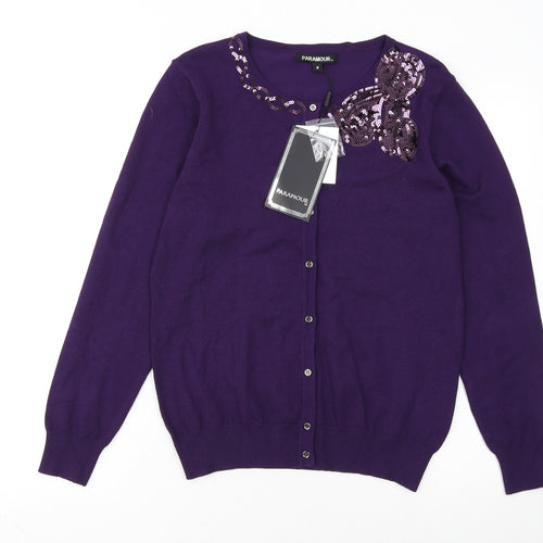 Paramour Women Purple Sequin Crew Neck Knit Cardigan M