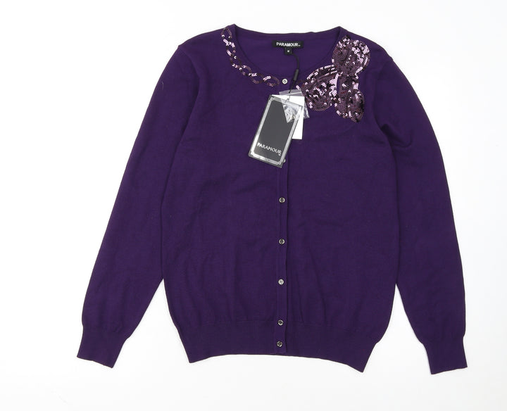 Paramour Women Purple Sequin Crew Neck Knit Cardigan M