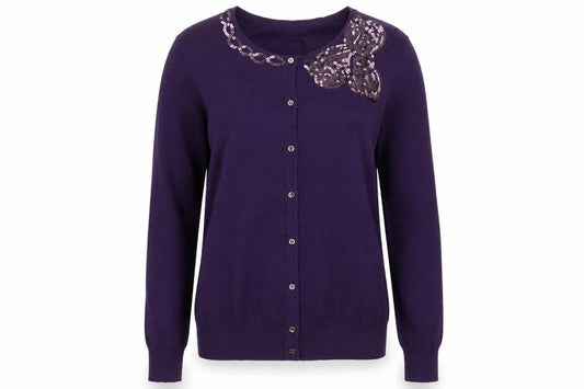 Front view of Paramour Women Purple Sequin Crew Neck Knit Cardigan M