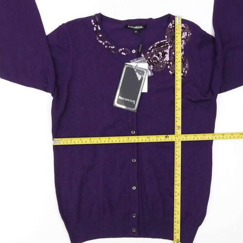 Paramour Women Purple Sequin Crew Neck Knit Cardigan M