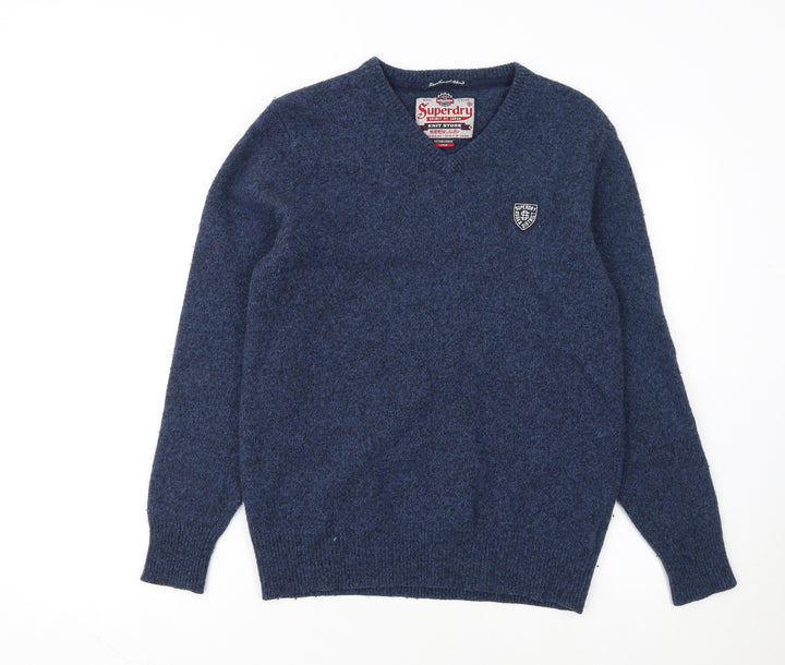 Superdry Men's Blue Lambswool Blend V-Neck Jumper Size L